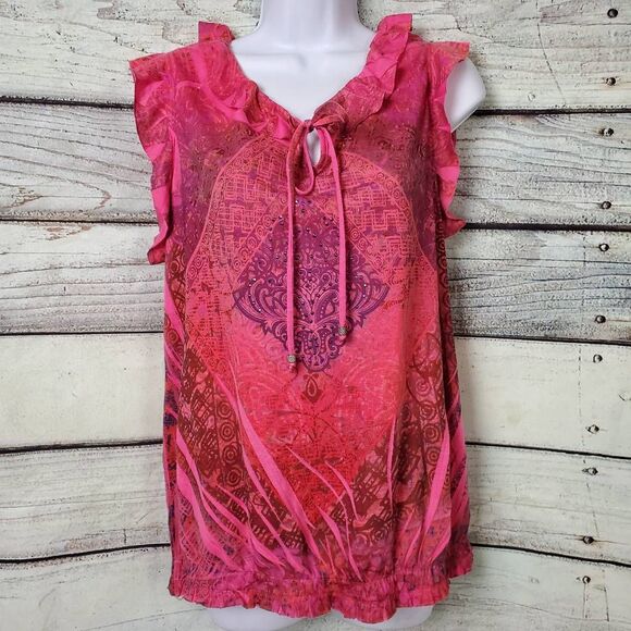 Cato Women’s Pink Sleeveless Ruffle Blouse Beaded Tie Neck L - Picture 1 of 6